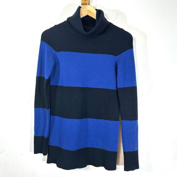 THEORY 100% Cashmere blue black stripe turtleneck sweater woman’s‎ size Small - Picture 4 of 7